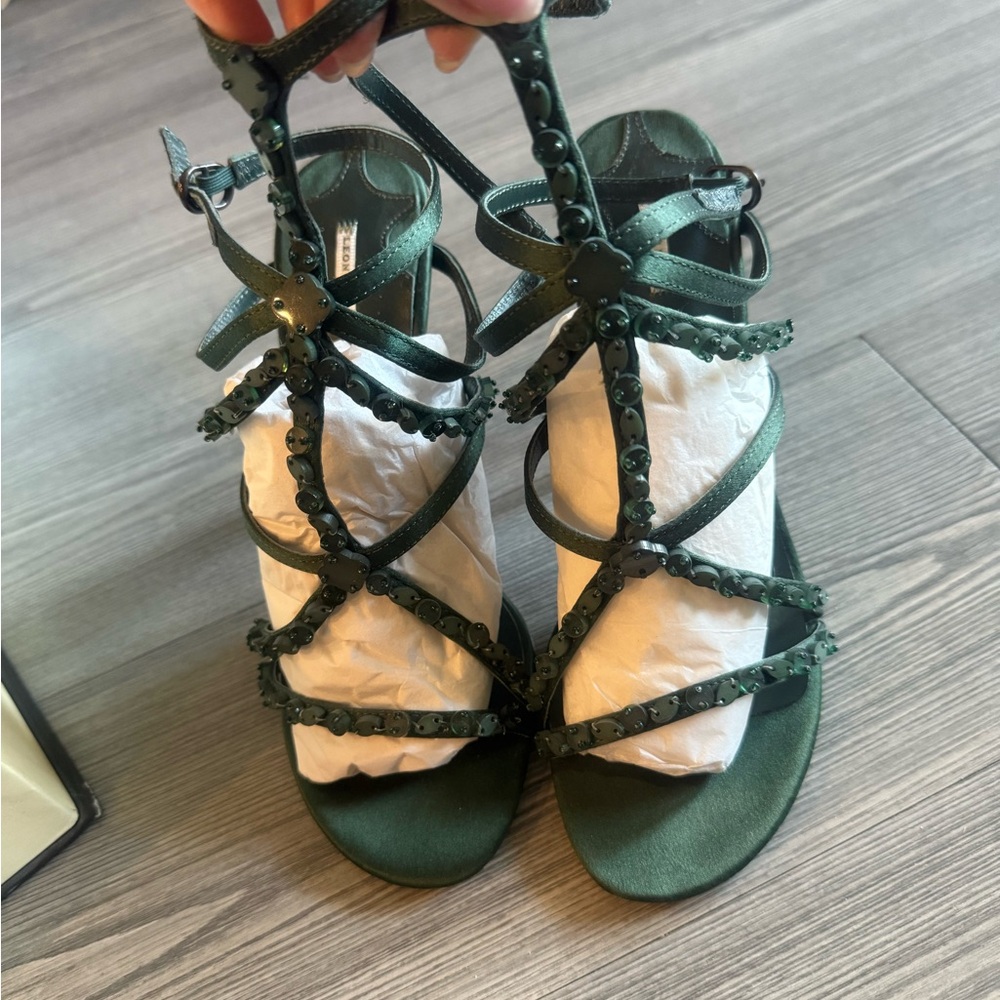 Green Heeled Gladiator Shoes with Intricate Straps
